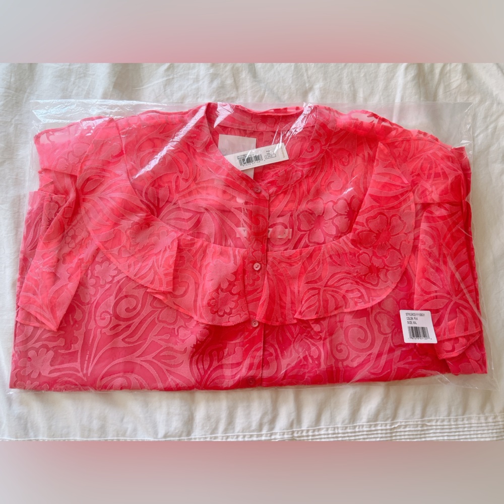 Trina Turk Beachfront Sheer Burnout Band Collar Short Sleeve Ruffle Top - Picture 3 of 5